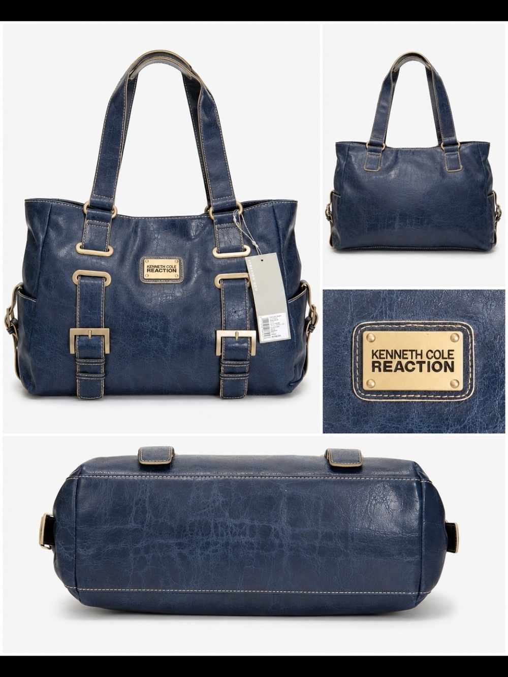 Kenneth Cole Reaction Navy Faux-Leather Shoulder Tote with Gold Hardware